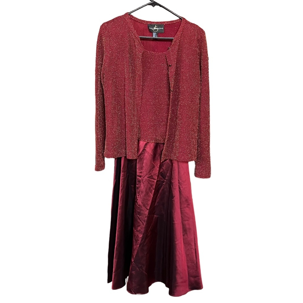 Vintage JS Collections Red & Copper Metallic Formal Dress W/Jacket Set Size 6